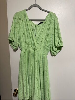 Boohoo Light Green Eyelet Wrap Dress with Puff Sleeves